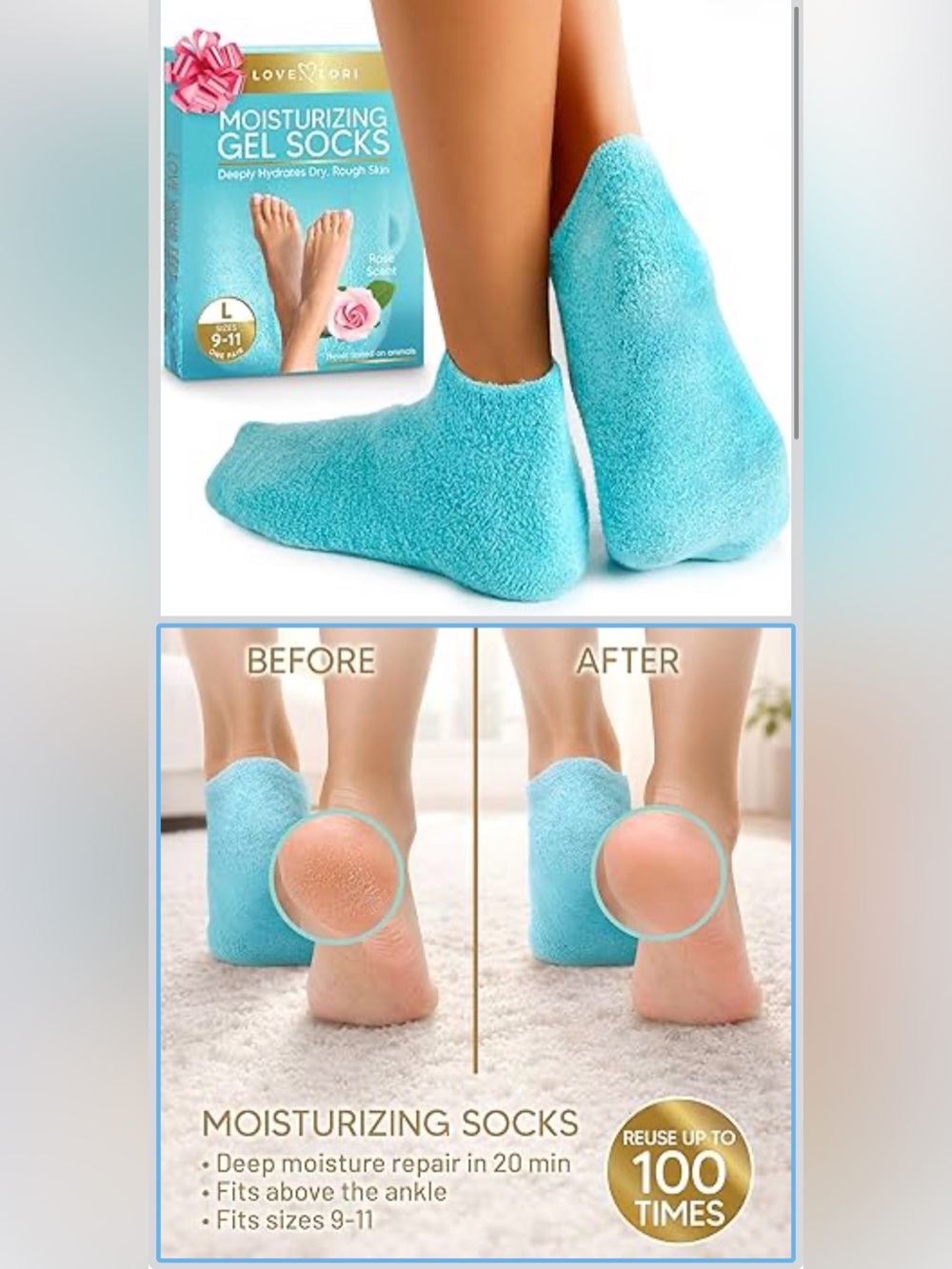 Moisturizing Socks (Size 9-11) Infused with Vitamin E JoJoba Oil Aloe Foot Care